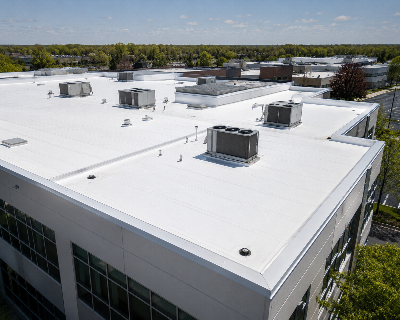 Commercial flat roof with HVAC units on a Buffalo office building