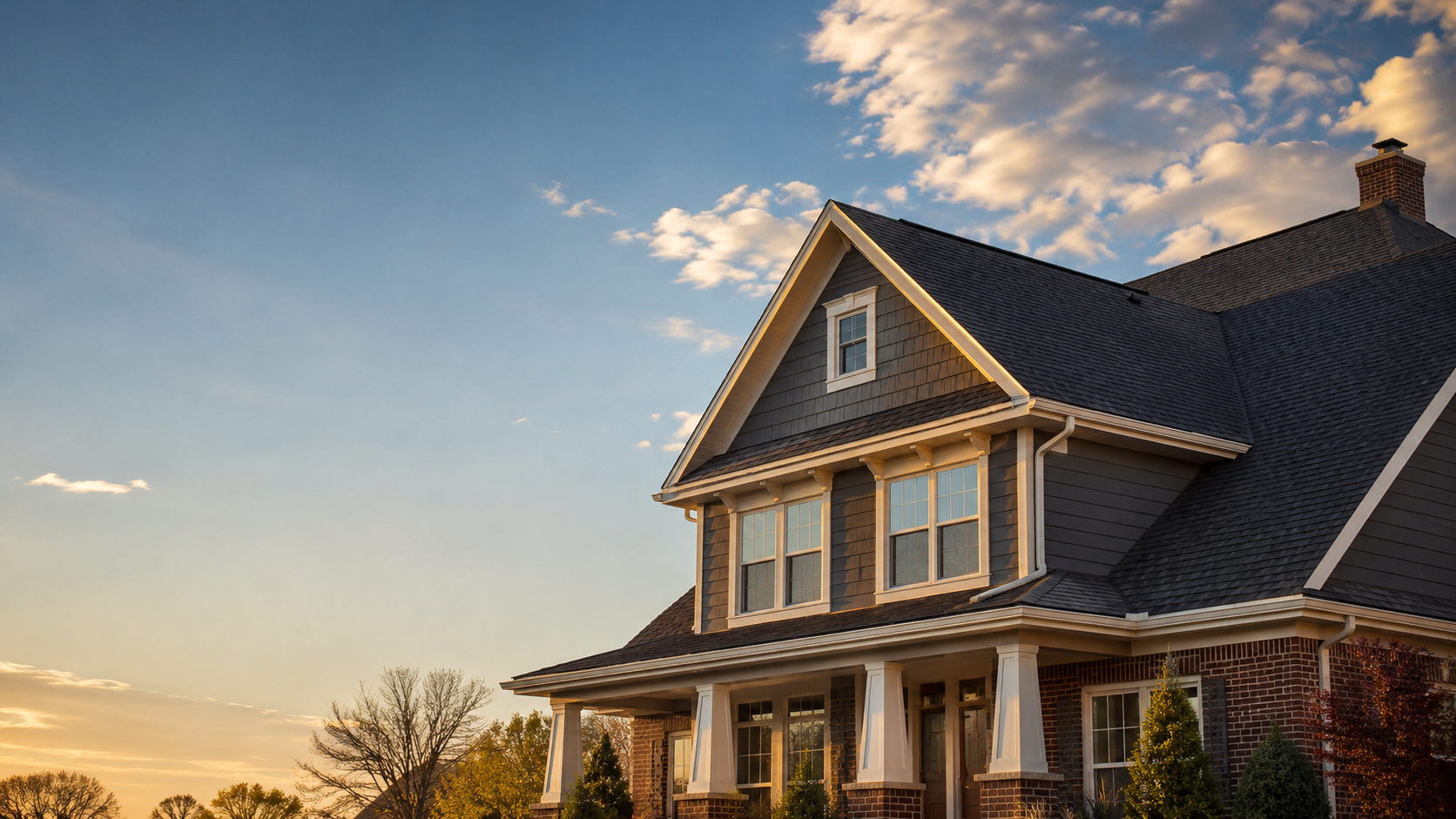 Buffalo home with new dark shingle roof at golden hour